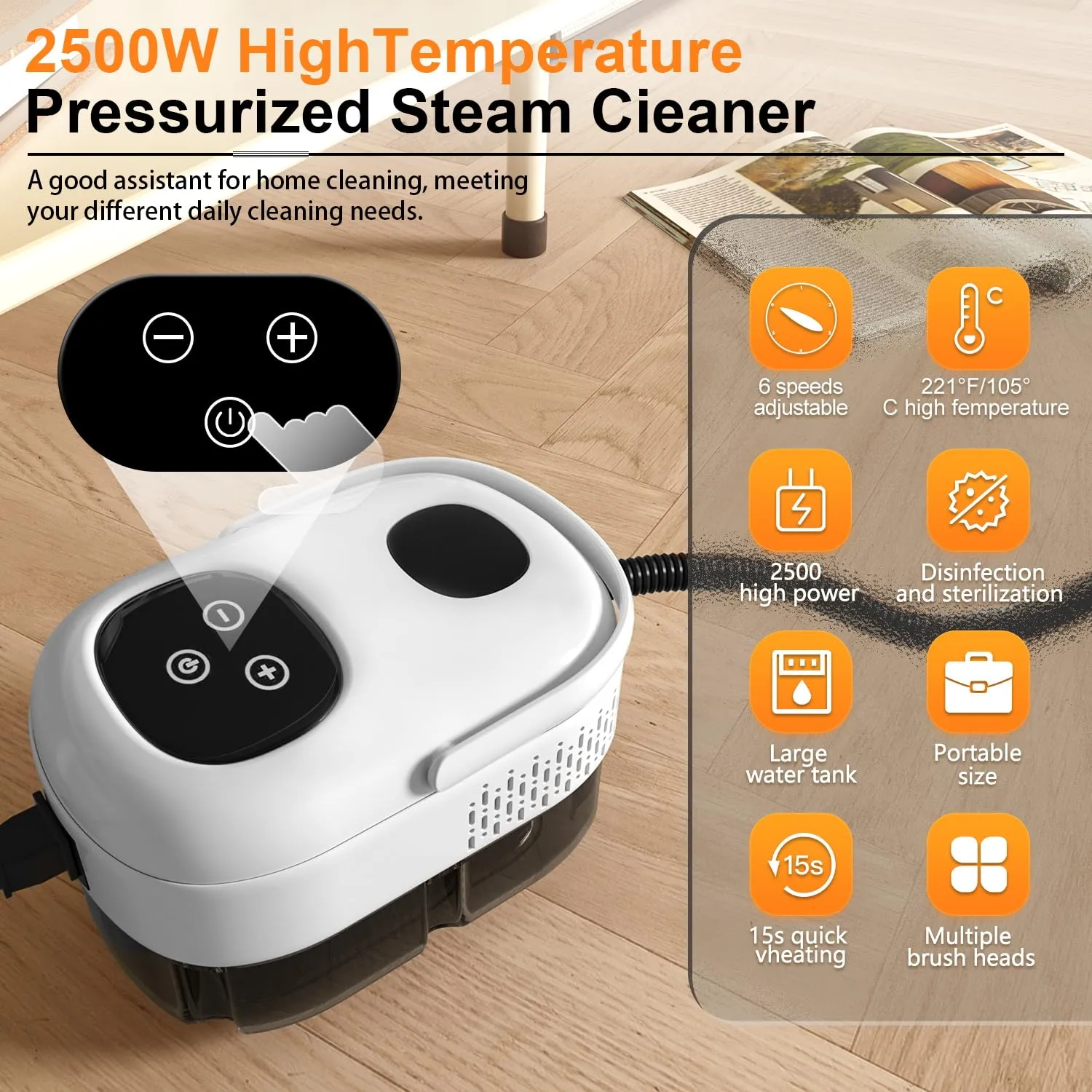 Steam Cleaner, 1100ML/2500W High Power Handheld Steam Cleaner with Smart Touch - 3 Brush Heads - Glass Brush with Towel for Stain Removal at Home, Portable Steamer for Cleaning Car, Upholstery, Carpet