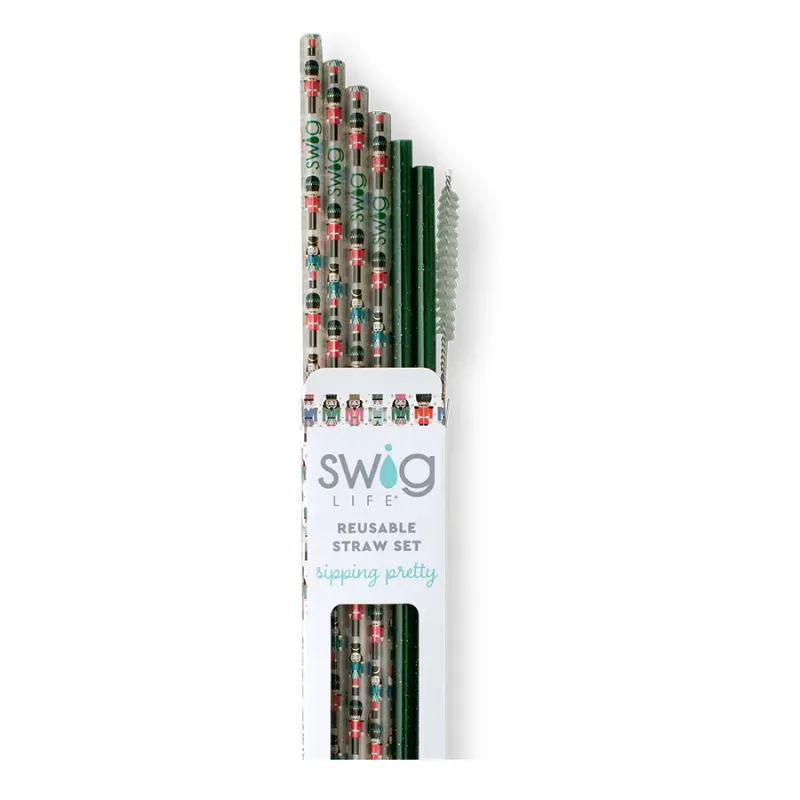 Swig | Classic Nutcracker   Green Glitter Reusable Straw Set