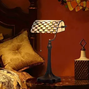 Tiffany Glass Banker Lamp with Pull Chain - Elegant Jeweled White Design for Nightstand Lighting