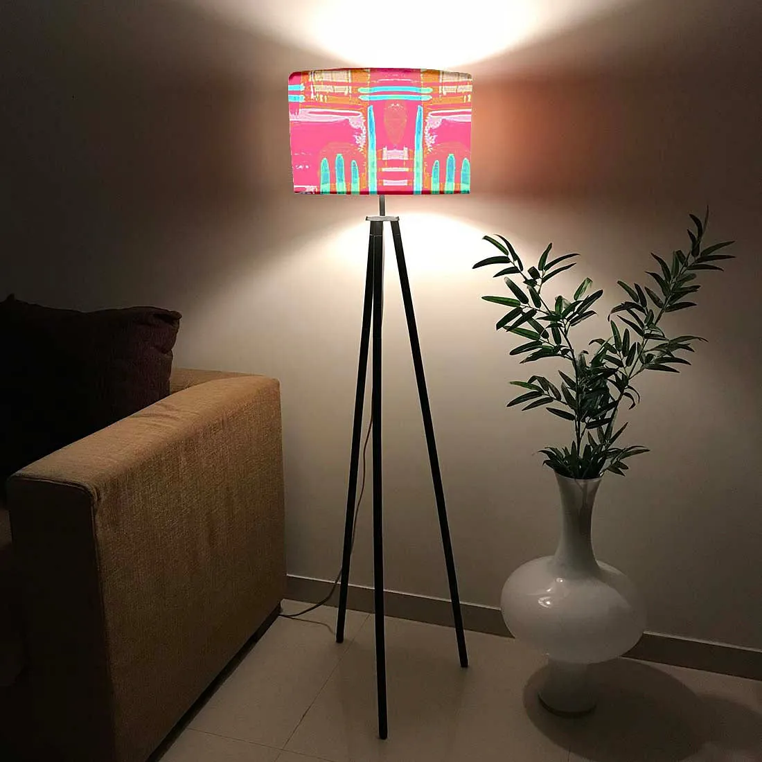 Tripod Standing Floor Lamp -Pink Abstract