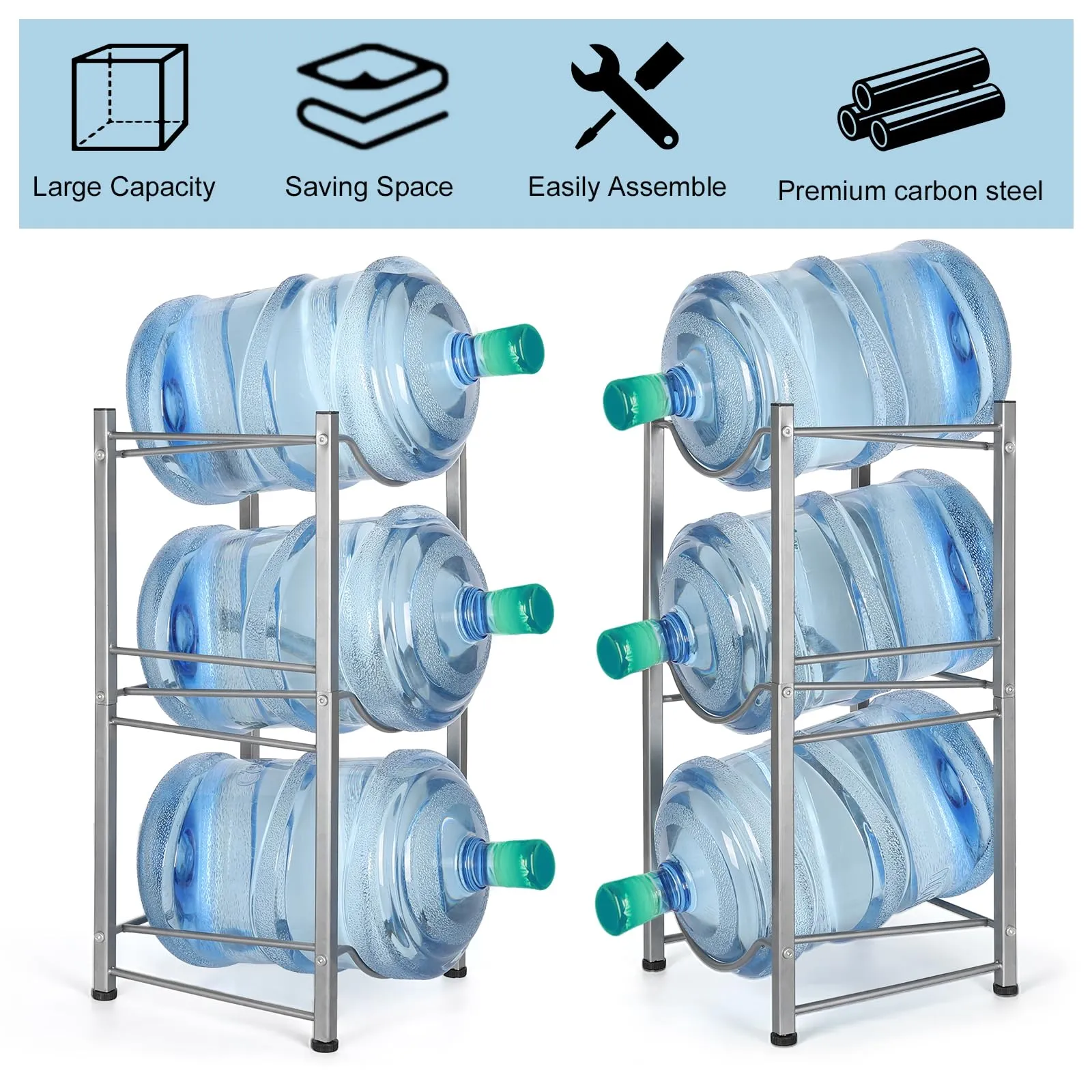 Water Cooler Jug Rack 5 Gallon Water Bottle Holder, 3 Tier Heavy Duty Water Jug Rack Display Storage Organizer for Water Dispenser, Save Space, Silver