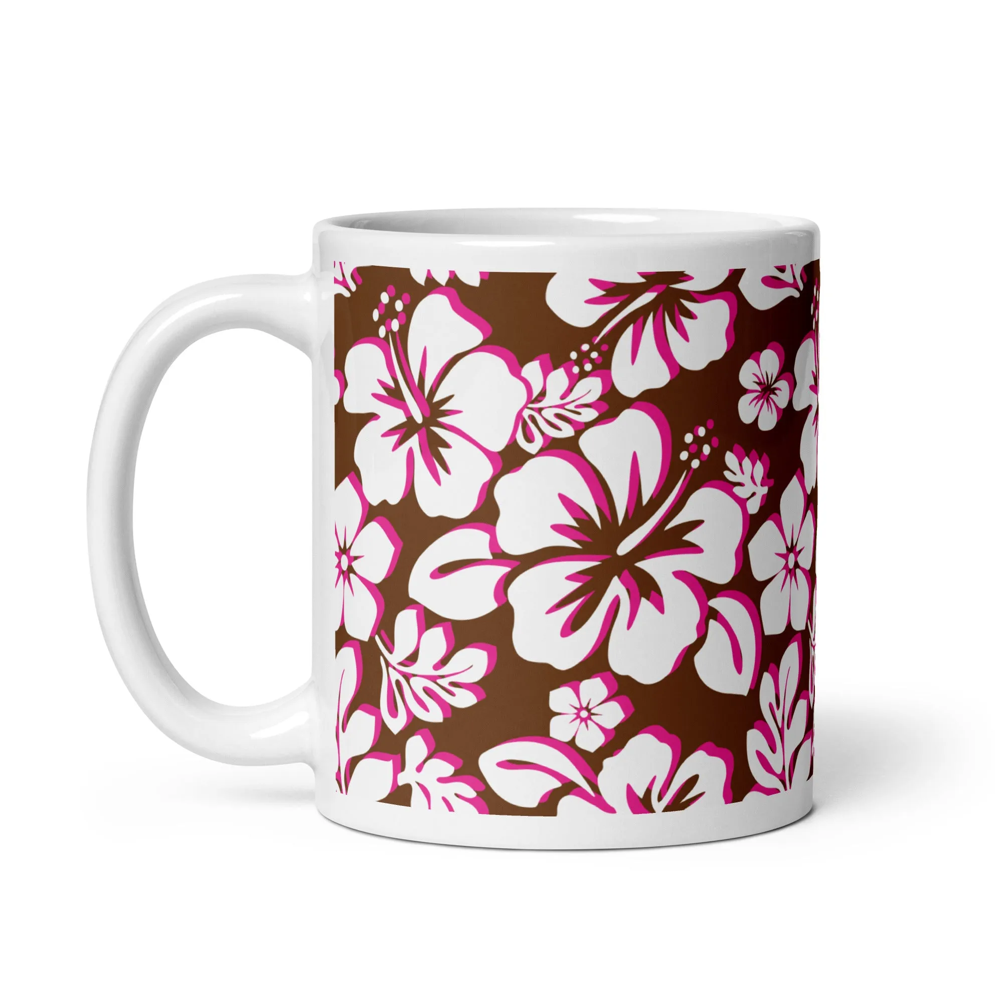 White and Hot Pink Hawaiian Flowers on Brown Coffee Mug