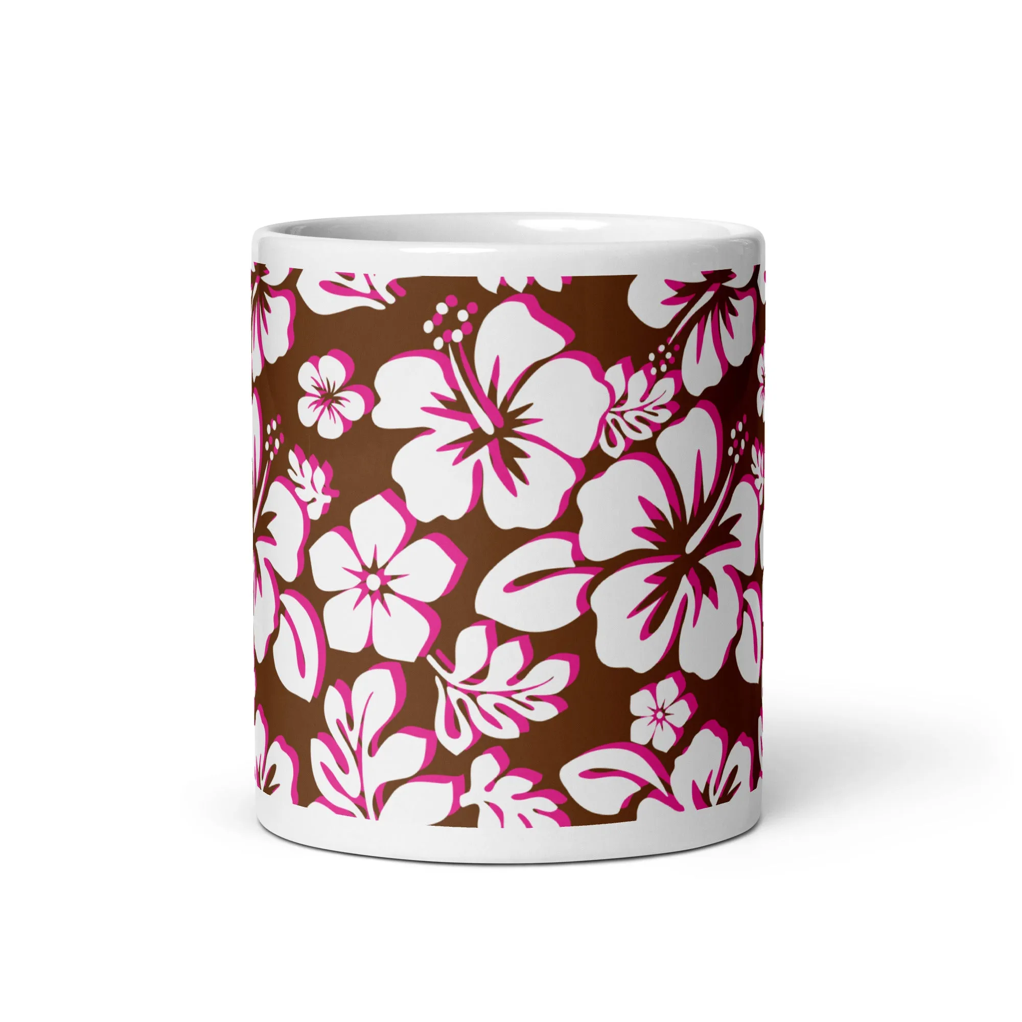 White and Hot Pink Hawaiian Flowers on Brown Coffee Mug