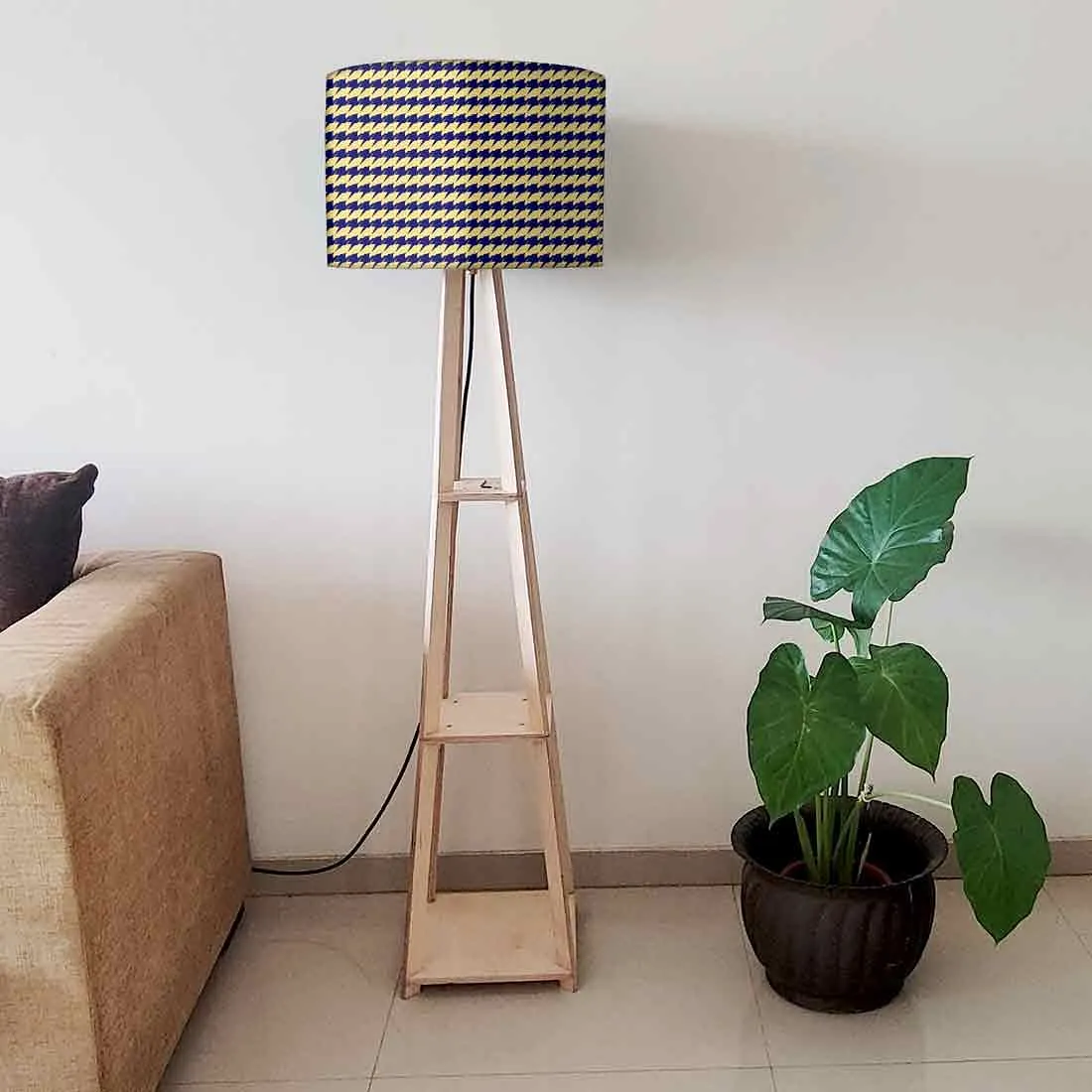 Wooden Shelf Tripod Floor Lamp for Living Room - Houndstooth