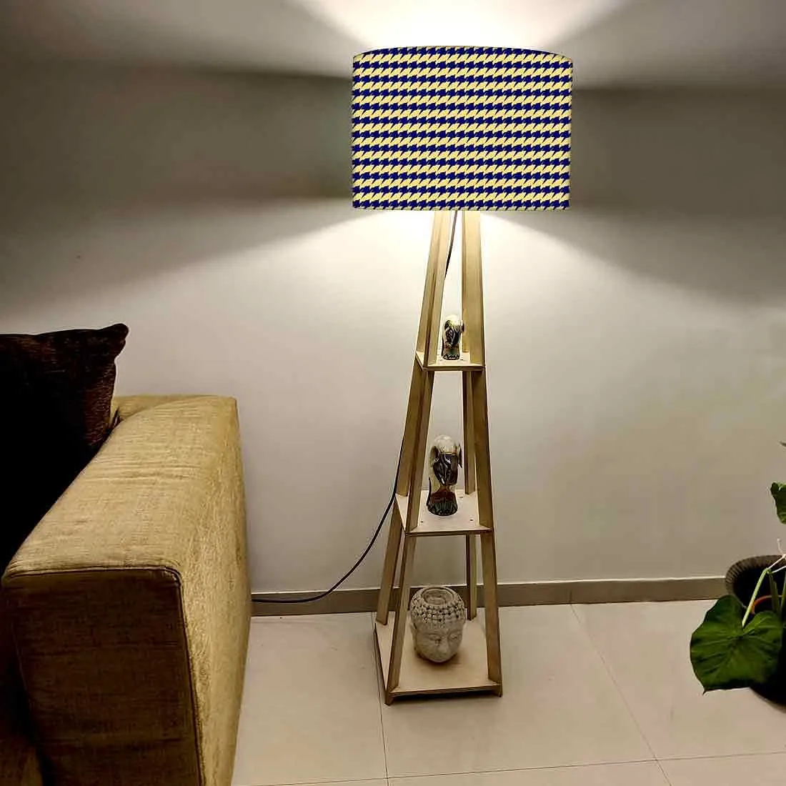 Wooden Shelf Tripod Floor Lamp for Living Room - Houndstooth